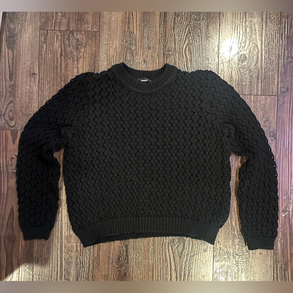 Theory Black Textured Crochet Crew Neck Sweater